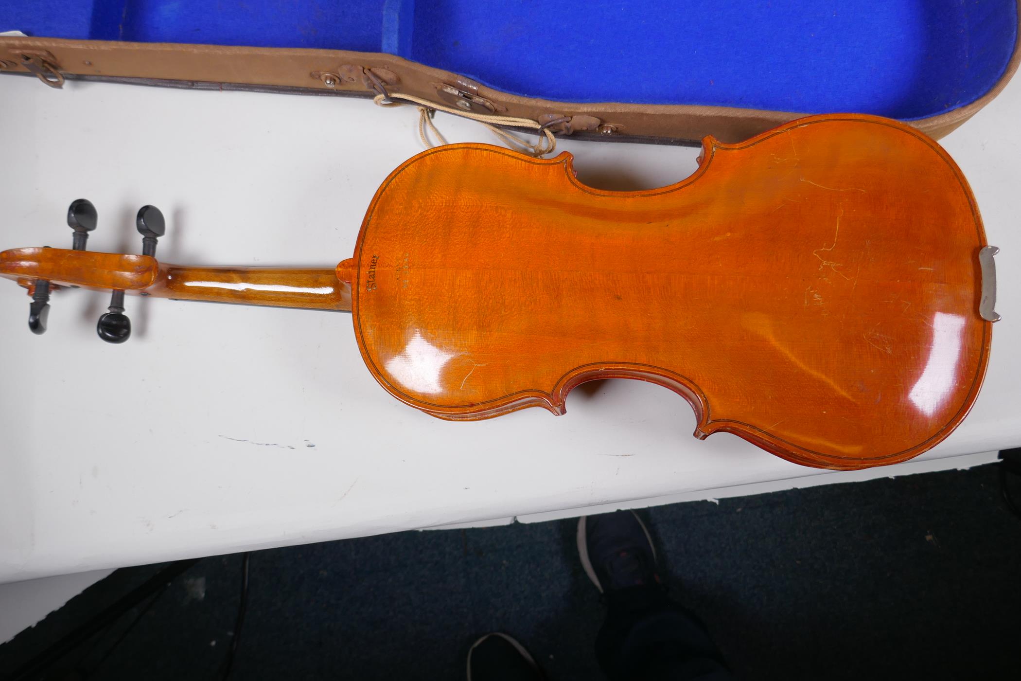 A Stainer violin with two piece back, stamped Stainer and patent No 23140, with bow in fitted hard - Image 5 of 8