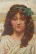 A C19th portrait of a young lady in white, oil on canvas laid on board, 10x  14cm