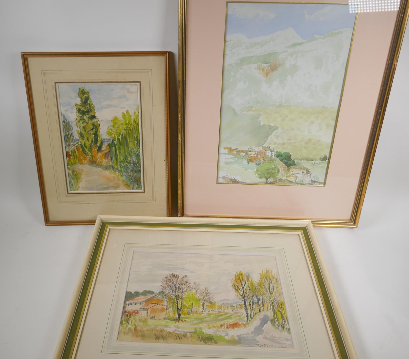 Vilbois, landscape with tree lined road, watercolour, 33cm x 23cm, and two other landscape scenes by