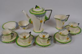 A Burleighware Art Deco pottery coffee set, sugar bowl cracked and lacks one cup