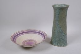 A Bridget Drakeford studio pottery conical dish, and a studio pottery vase with robin's egg glaze
