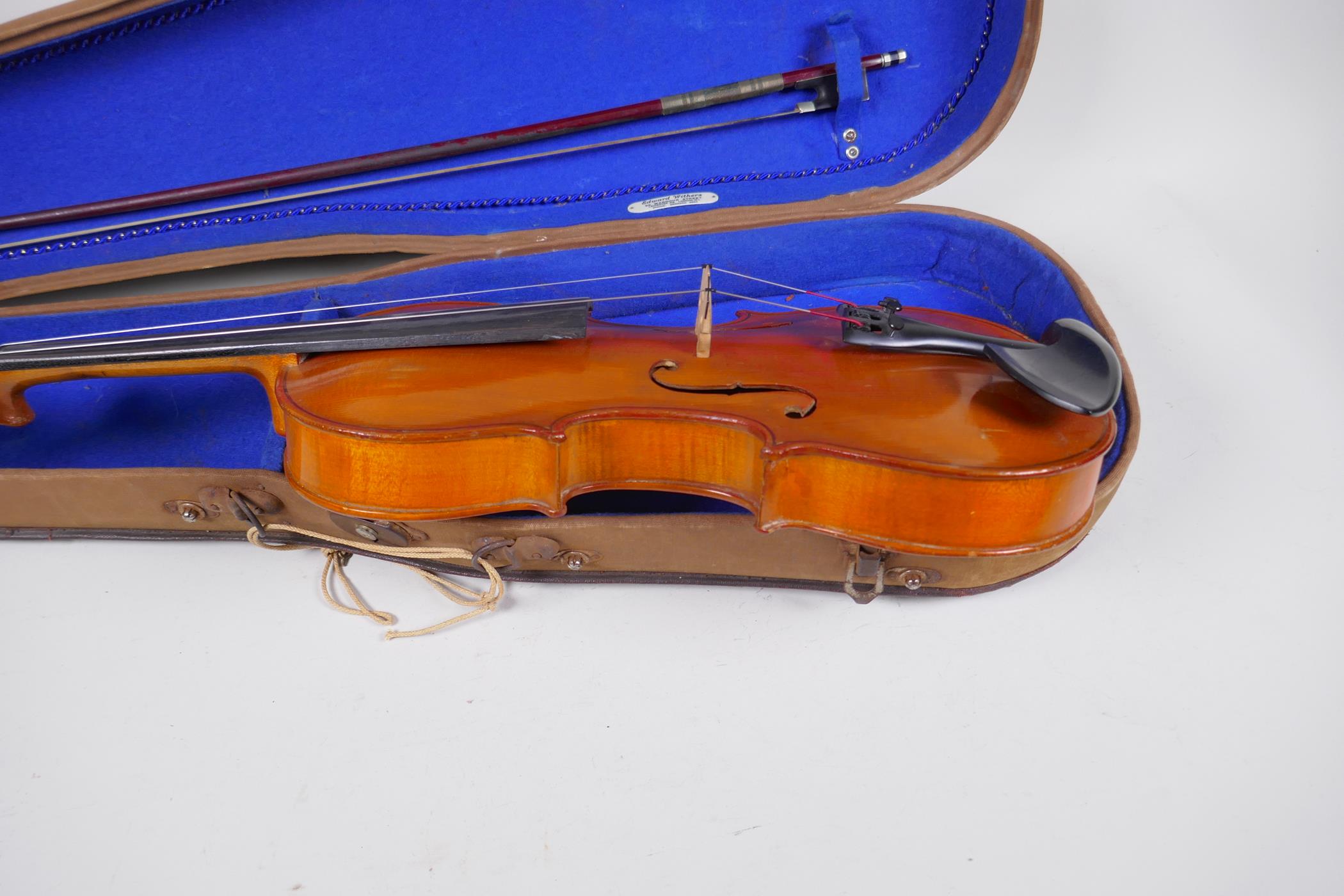 A Stainer violin with two piece back, stamped Stainer and patent No 23140, with bow in fitted hard - Image 4 of 8