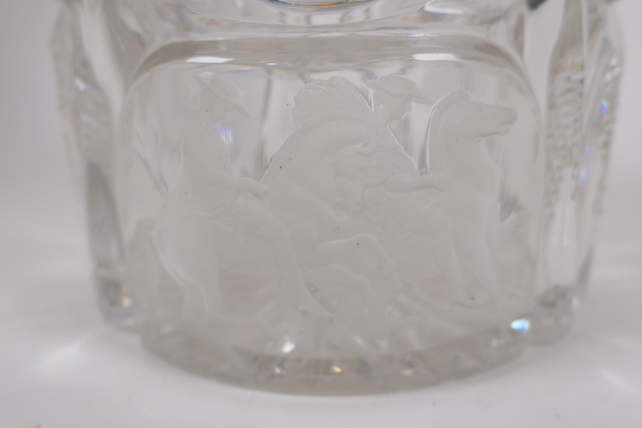 A lead crystal mallet decanter with cut and etched decoration of figures on horseback, stopper AF, - Image 3 of 5