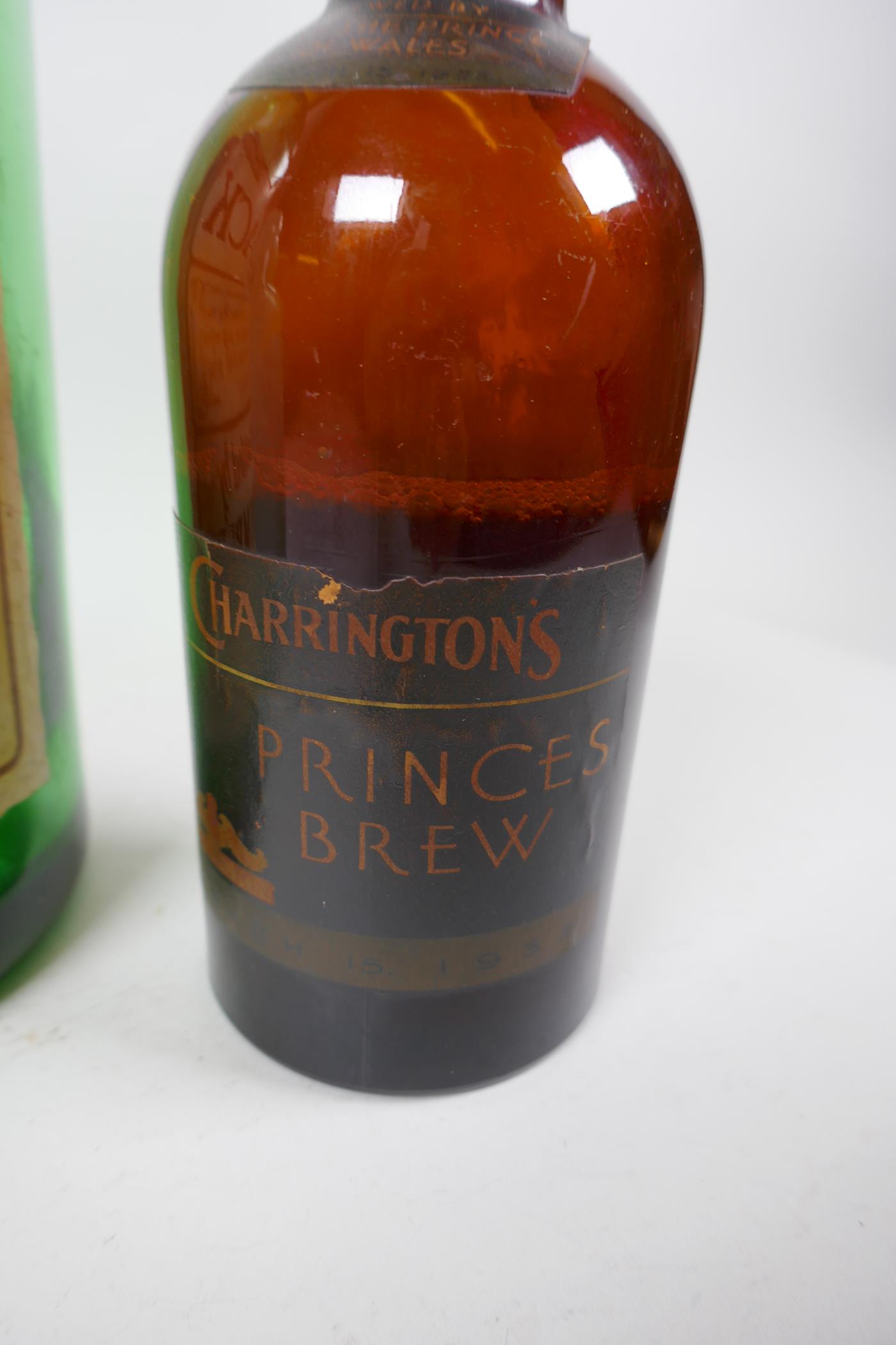 Three collector's bottles, a Charrington's Princes Brew Beer bottle with contents, a large Dry Sac - Image 3 of 5