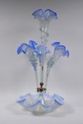 A blue glass three branch epergne, 54cm high