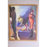 Surrealist style interior with figures, oil on canvas, monogrammed and dated '91, 95 x 123cm