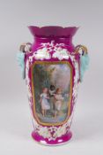 C19th Continental vase with satyr mask handles and puce colour glaze, 34cm high