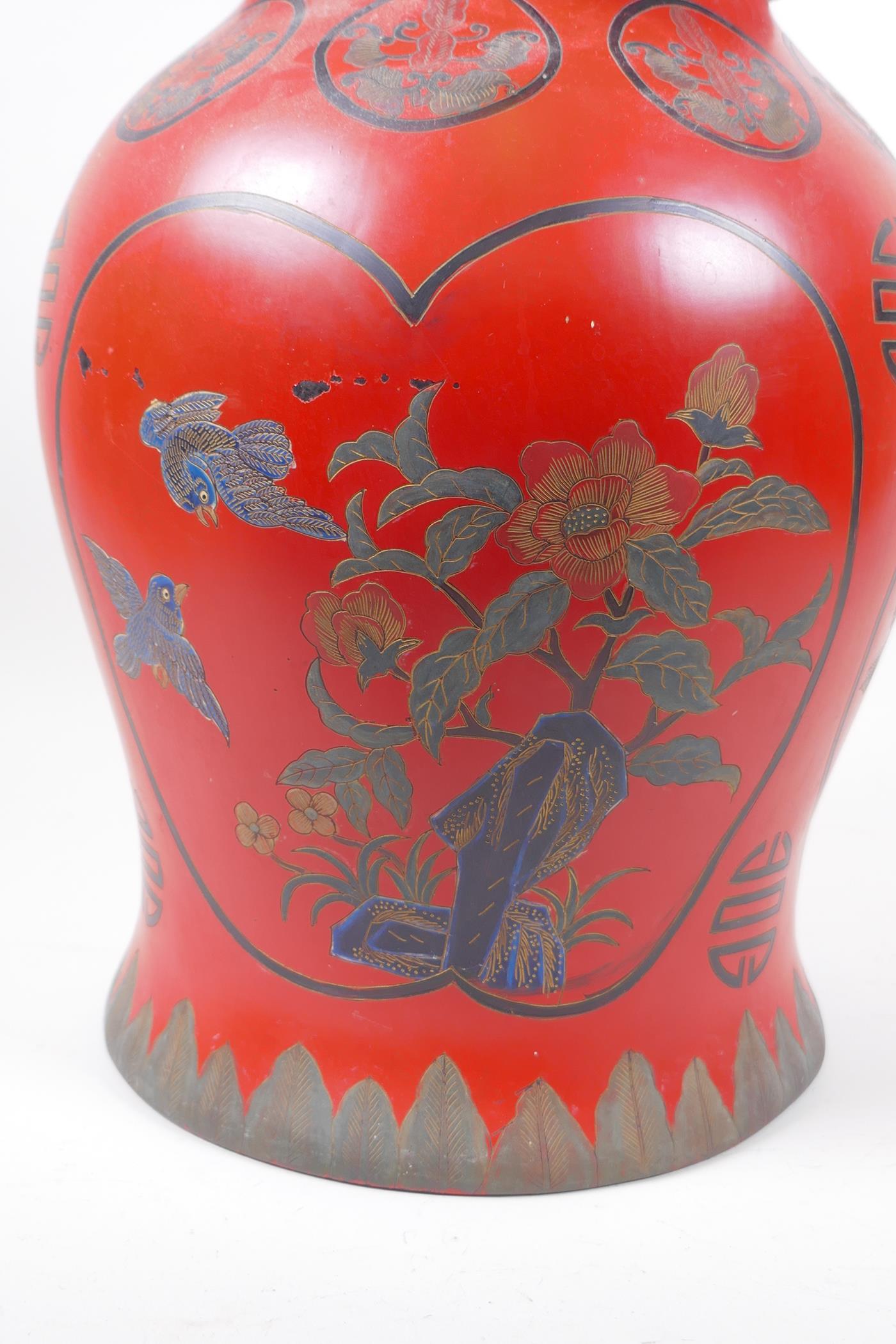 A Chinese lacquered jar and cover decorated with birds amongst flowering trees, and symbols, 41cm - Image 3 of 4