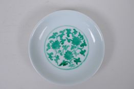 A Ming style porcelain dish with green lotus flower decoration, Chinese Chenghua 6 character mark to