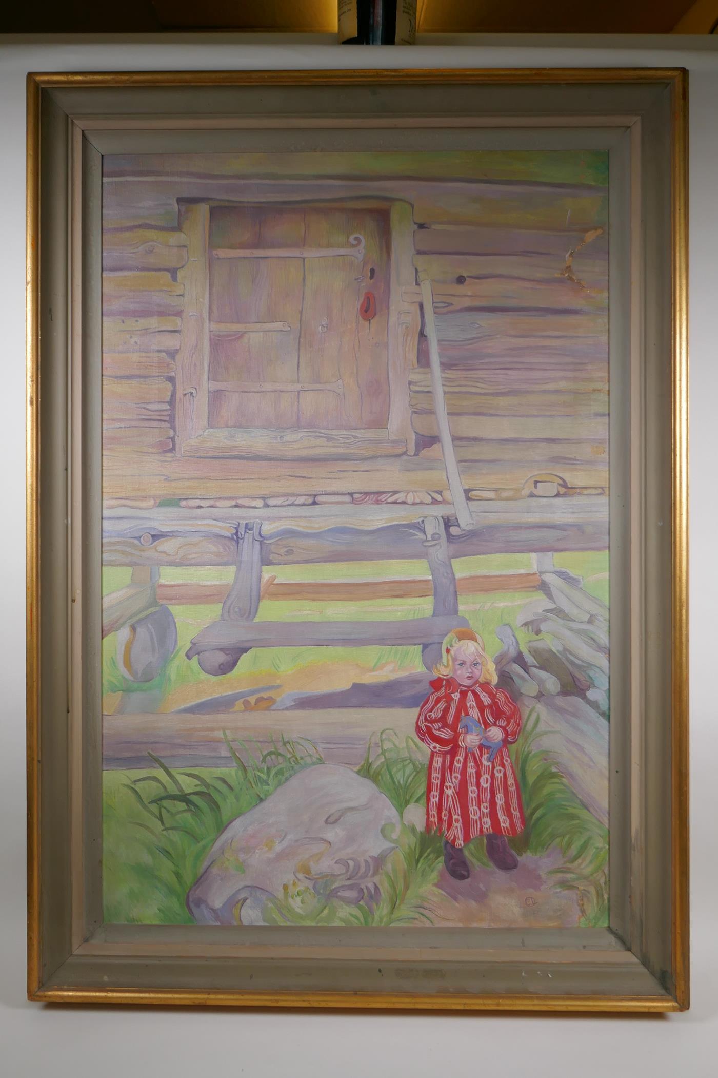 After Carl Larsson, Swedish, child by a cabin, oil on canvas, initialled, 55cm x 84cm - Image 2 of 5