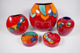 Three Poole Pottery Odyssey pattern vases, largest 27cm high, and two trinket boxes