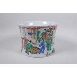 A famille vert porcelain brush pot of waisted form, decorated with figures in a landscape, Chinese