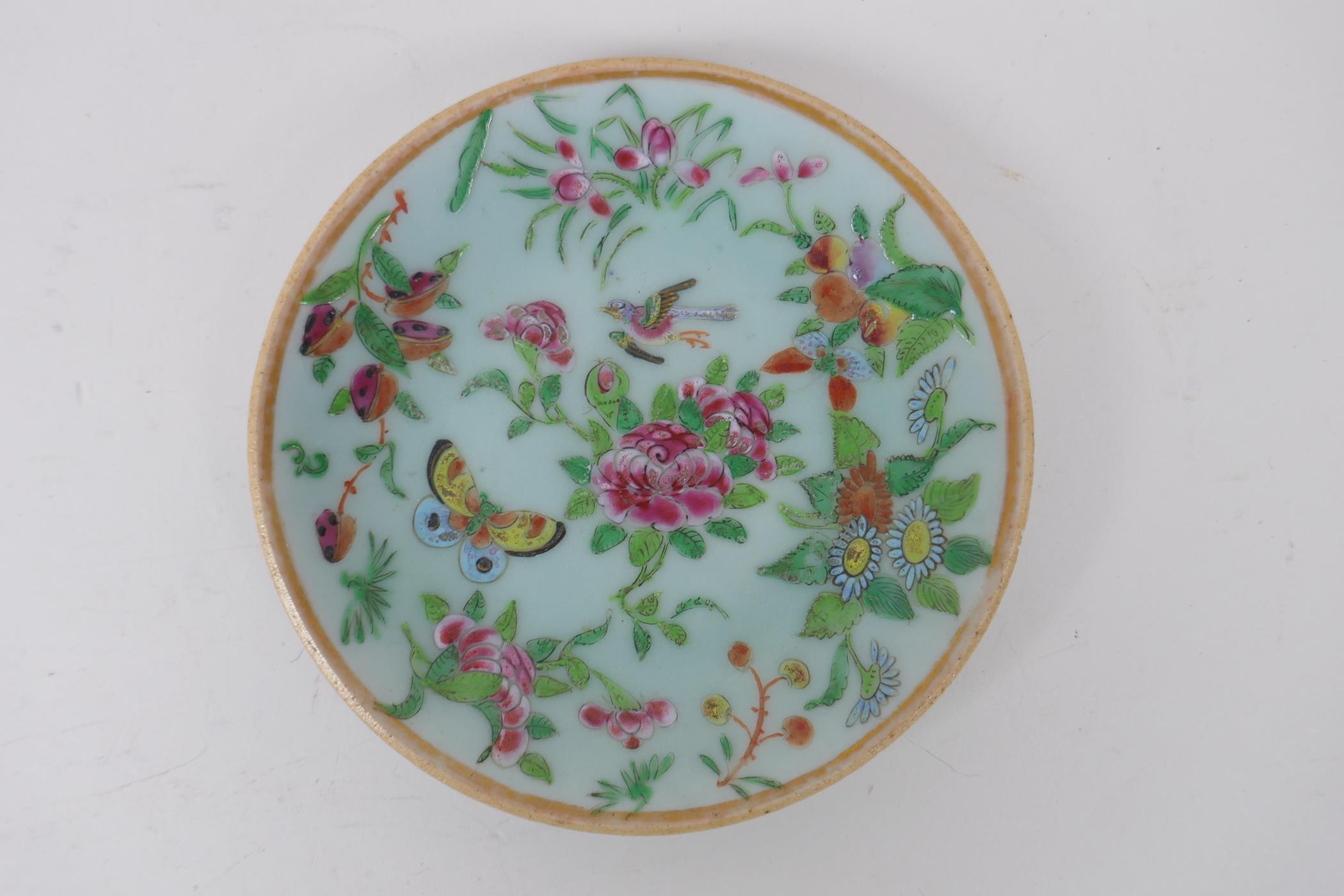 A C19th Canton enamelled porcelain saucer with figural decoration, a C19th famille rose saucer - Image 4 of 8