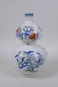A Doucai porcelain double gourd vase with fruiting vine decoration, Chinese Yong Zheng 6 character