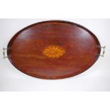 A C19th shell inlaid oval mahogany tray with brass handles, 75 x 48cm