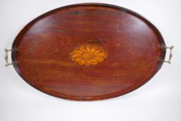 A C19th shell inlaid oval mahogany tray with brass handles, 75 x 48cm
