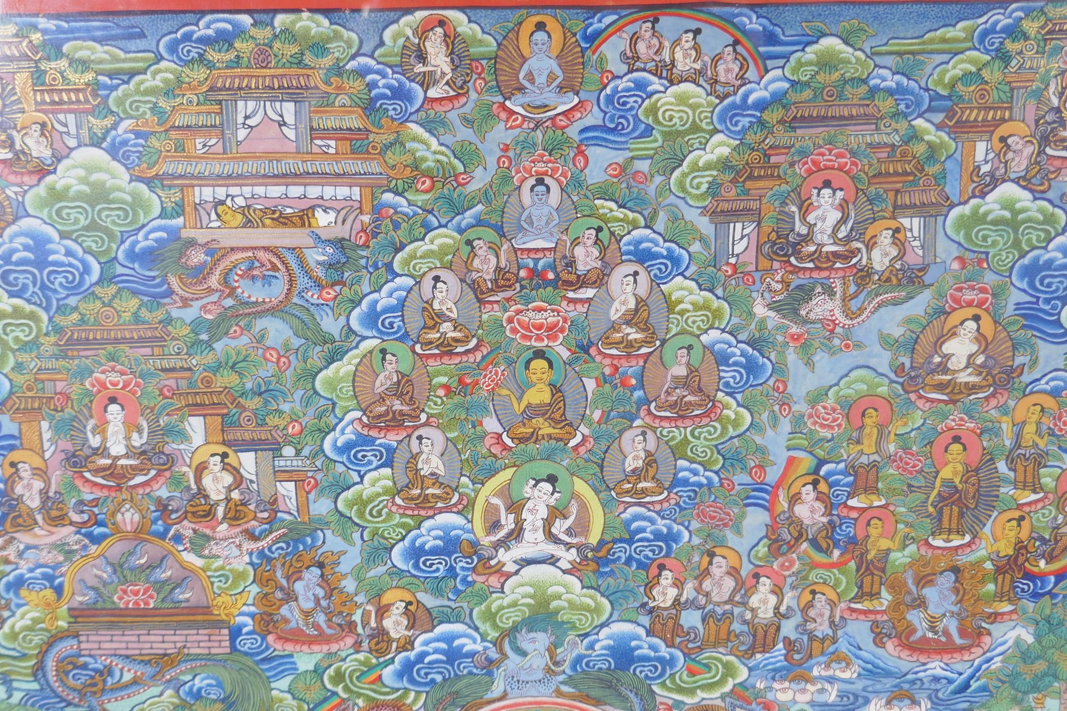 An Tibetan hand painted thanka with gilt highlights detailing many figures, 35cm x 49cm - Image 4 of 7