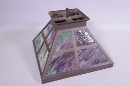 A brass and coloured glass ceiling lamp shade, 46 x 35cm high