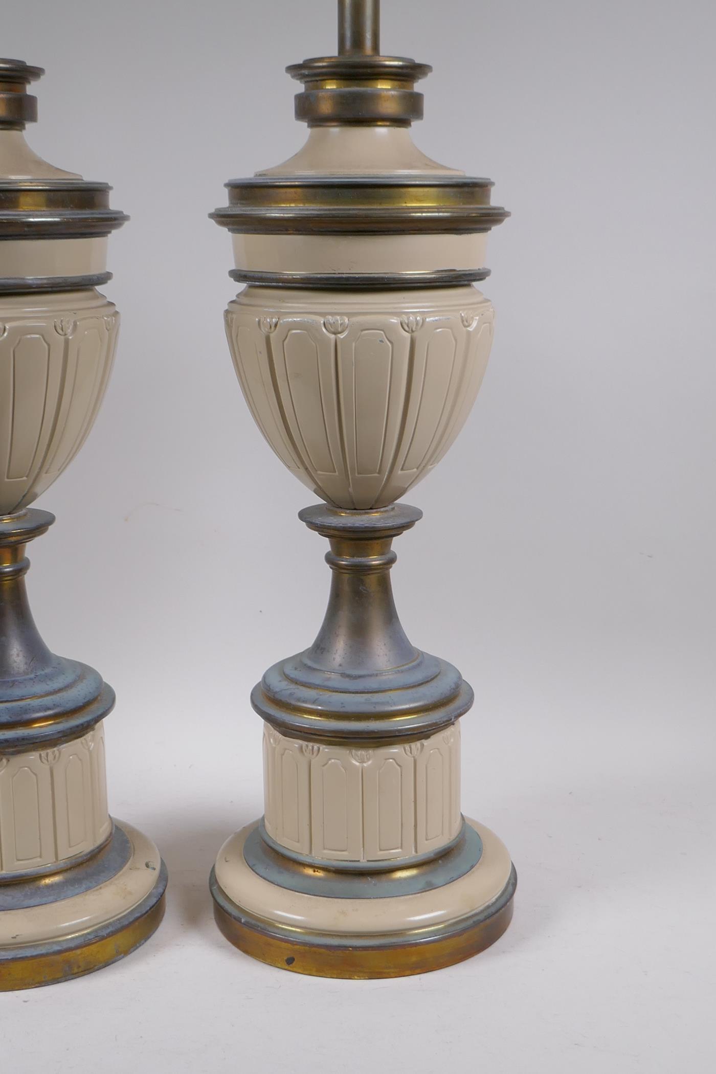 A pair of French painted and brassed metal lamps, in the form of urns, 65cm high - Image 2 of 2