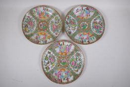 Three C19th canton famille rose porcelain cabinet plates decorated with figure, flowers, birds and