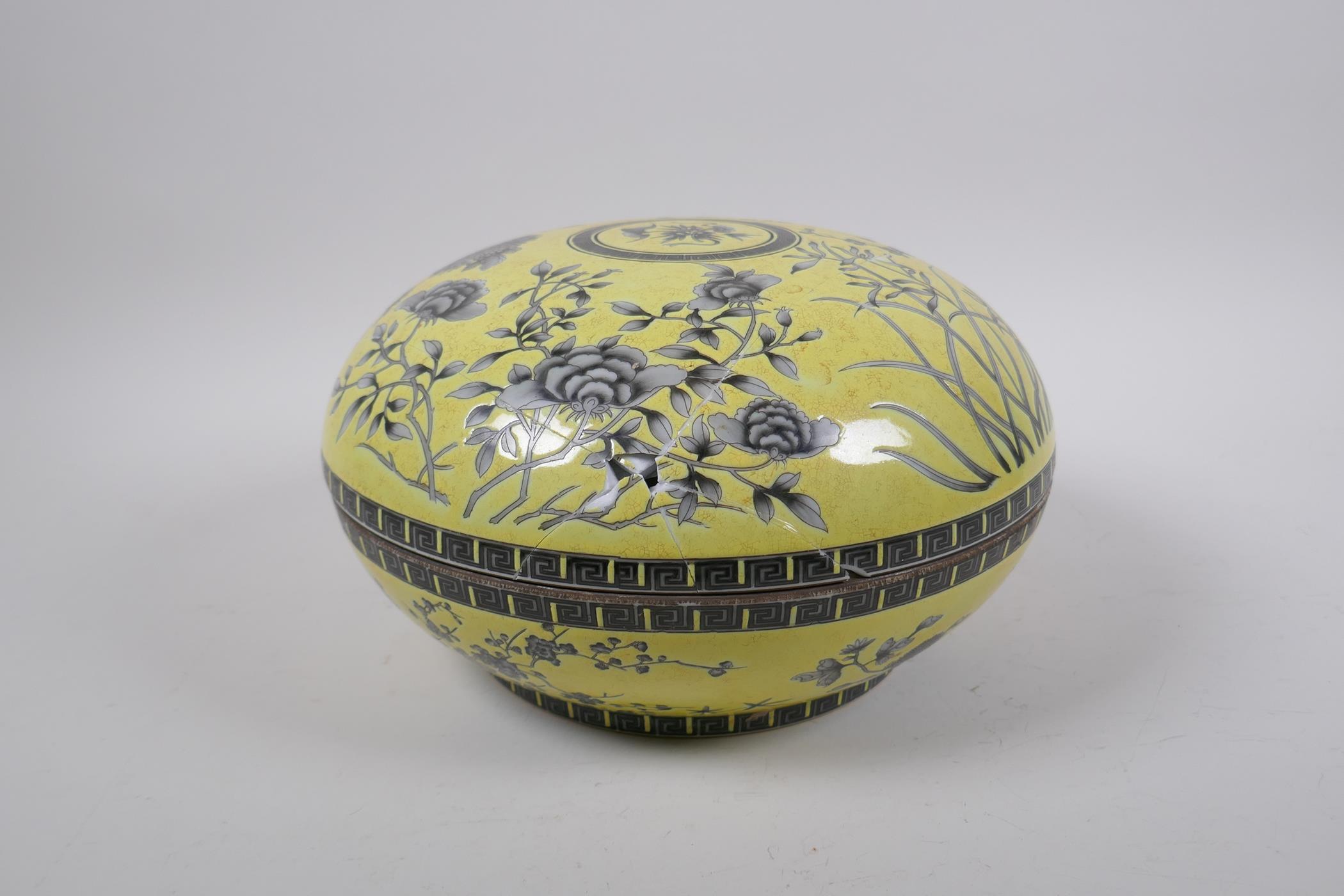 A Chinese yellow ground porcelain box and cover with black and white floral decoration, seal mark to - Image 3 of 6