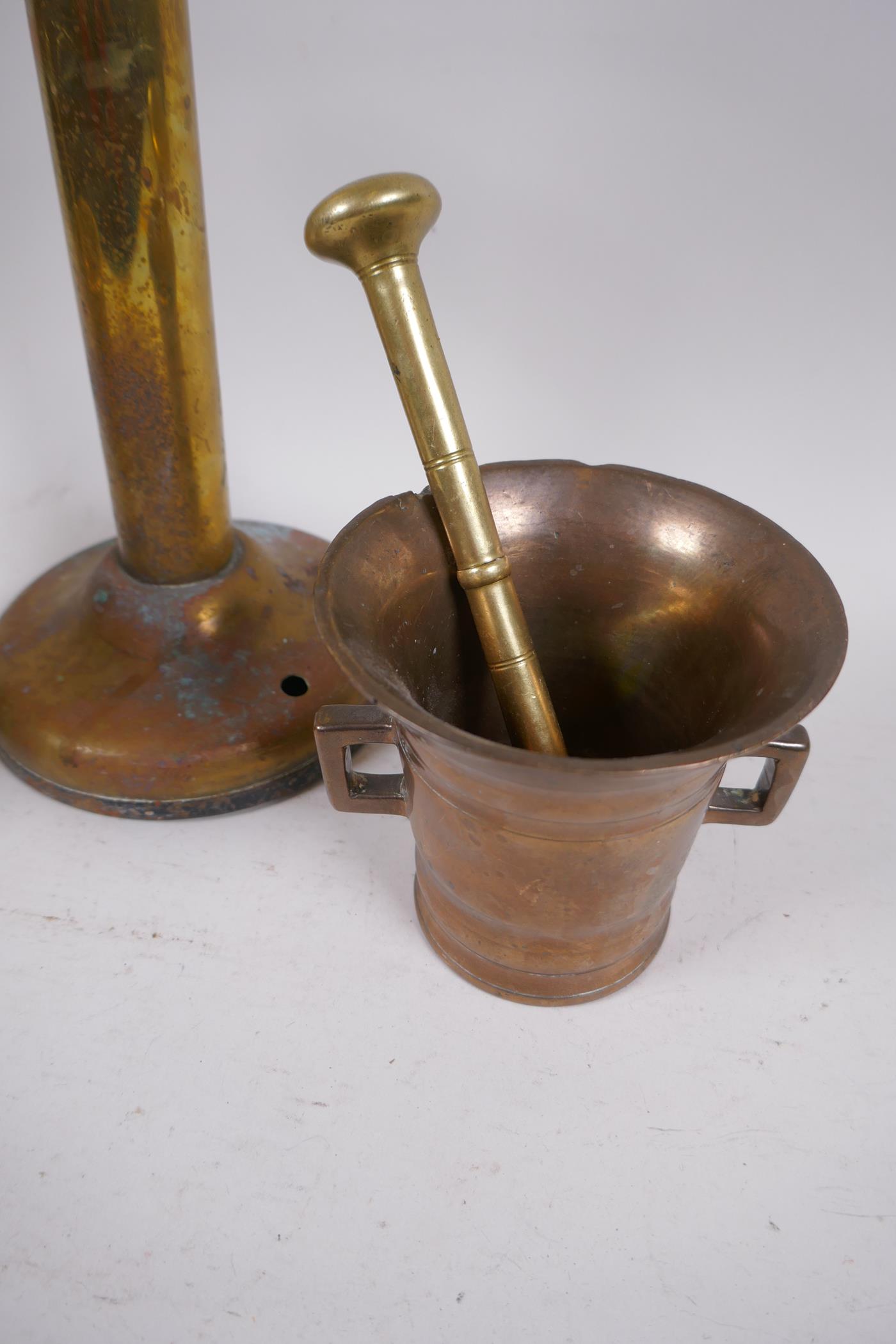 A brass candlestick telephone, AF, 31.5cm high, and two brass mortar and pestles - Image 3 of 4