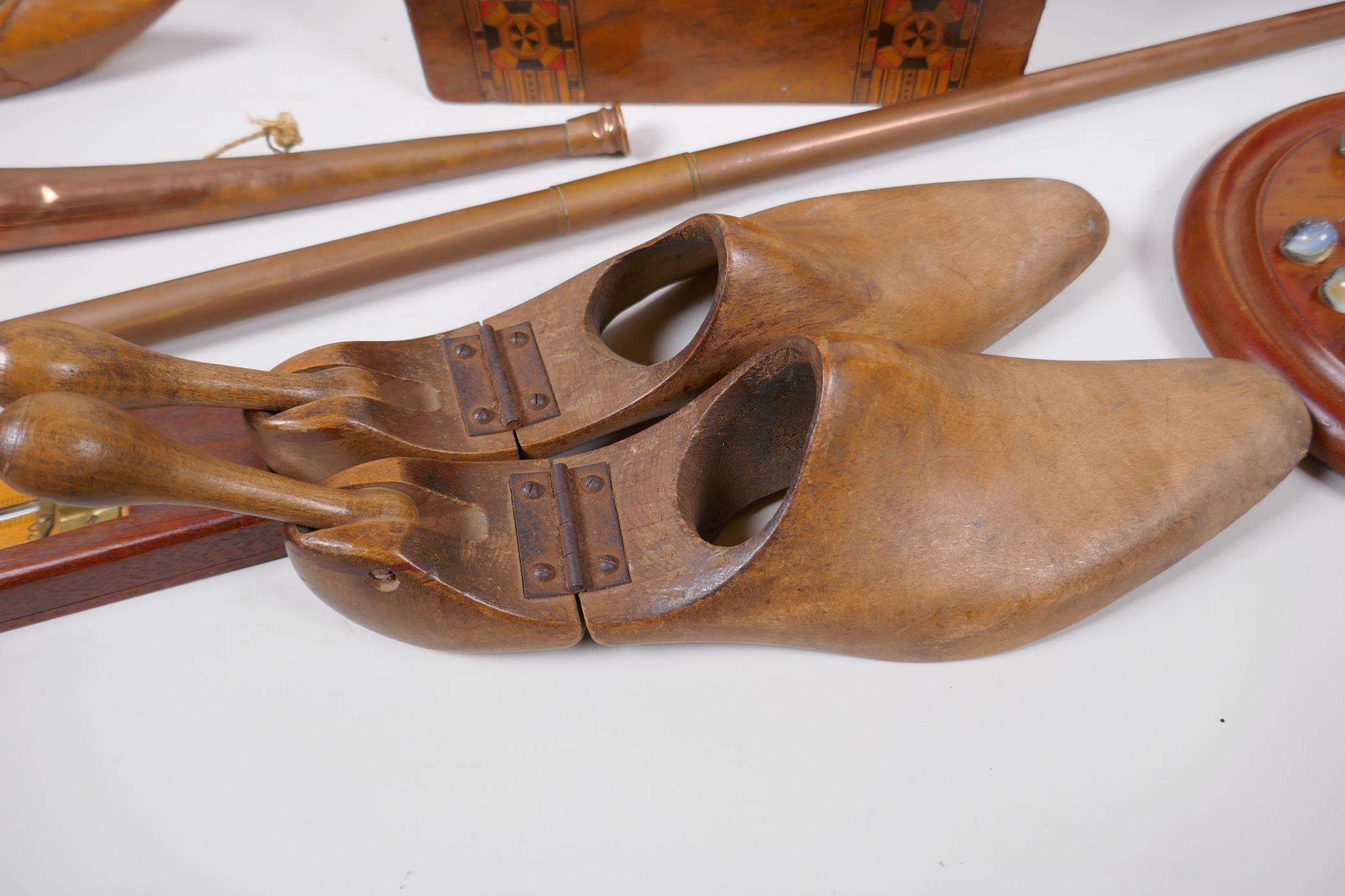 A mahogany solitaire board with marbles, a ship in a bottle, wooden thermometer, Tonbridgeware - Image 3 of 5