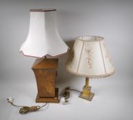 An oriental Japanned metal table lamp, 70cm high, and a brass Corinthian column table lamp