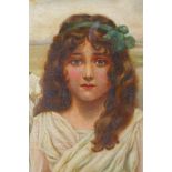 A C19th portrait of a young lady in white, oil on canvas laid on board, 10x  14cm