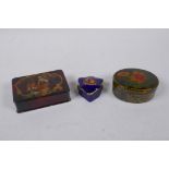 Two papiermache boxes (one antique) and a Limoges porcelain box, largest 9 x 6cm