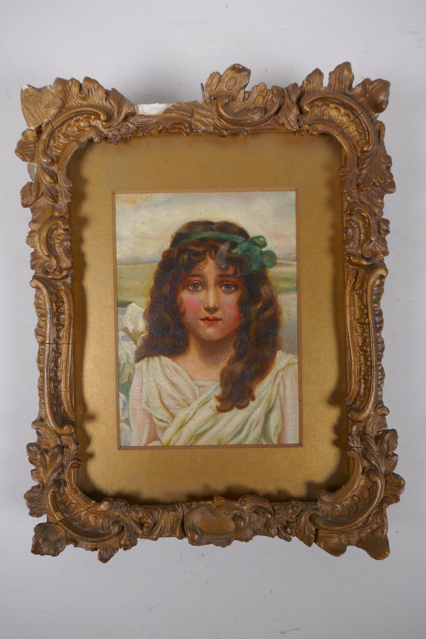 A C19th portrait of a young lady in white, oil on canvas laid on board, 10x  14cm - Image 3 of 4