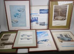 Seven framed vintage advertisements for Jaguar cars, largest 24cm x 35cm