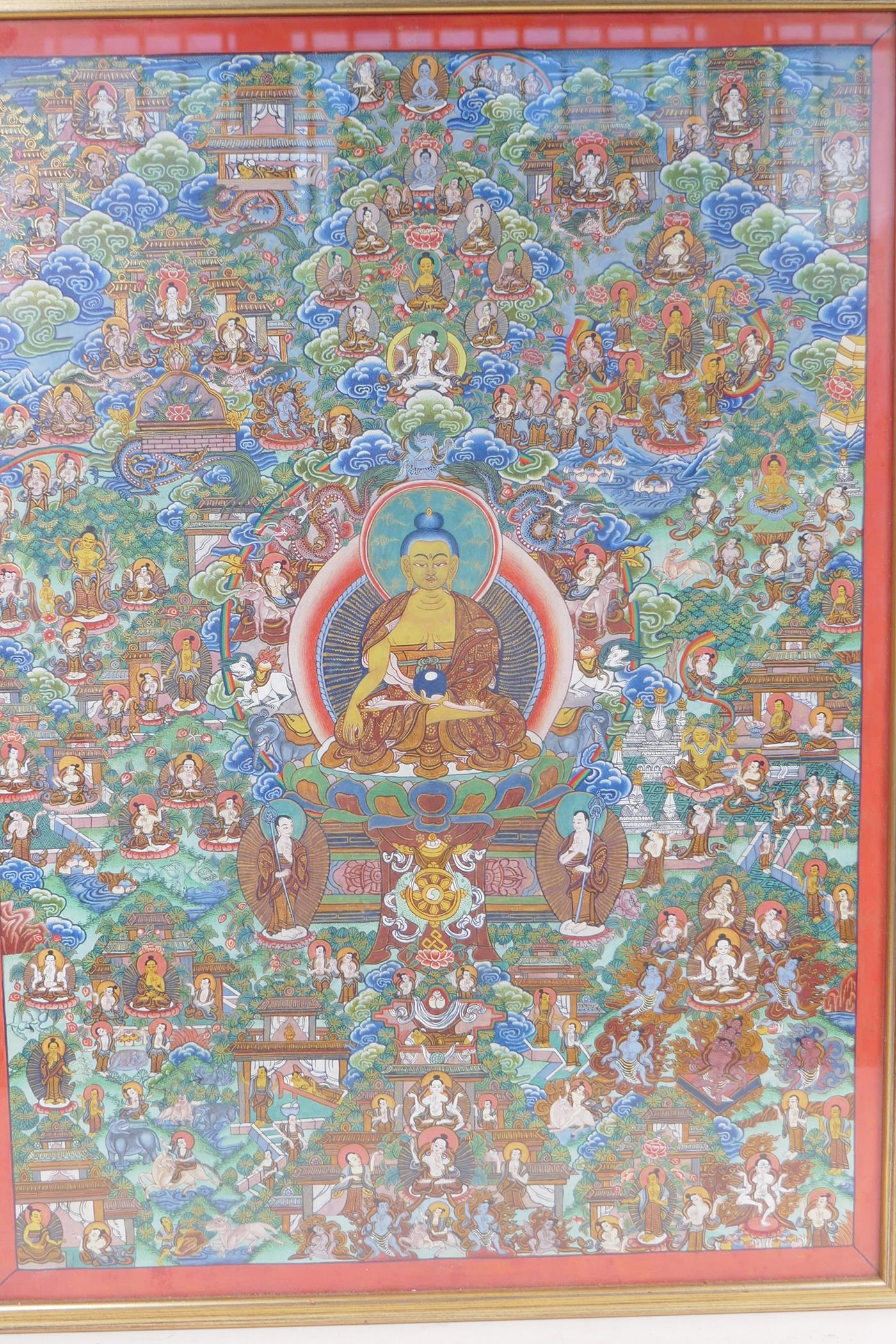 An Tibetan hand painted thanka with gilt highlights detailing many figures, 35cm x 49cm - Image 2 of 7