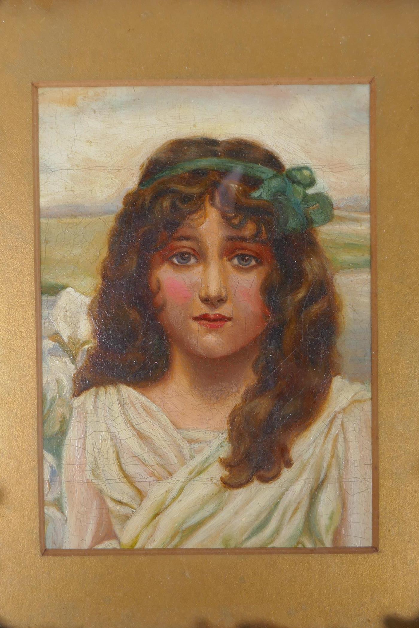 A C19th portrait of a young lady in white, oil on canvas laid on board, 10x  14cm - Image 2 of 4