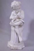 A painted plaster figure of a cherub playing a flute, AF, 73cm high