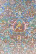 An Tibetan hand painted thanka with gilt highlights detailing many figures, 35cm x 49cm