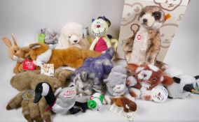 A Steiff meercat 'Mung', boxed, and a collection of furry animals including a gremlin, polar bear