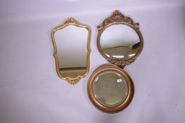 A gilt framed bevelled glass mirror, 40cm diameter, a convex mirror and an Italianate wall mirror