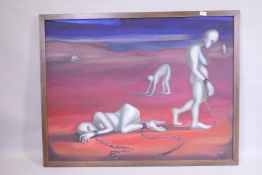 Surrealist style composition, monogramed and dated '90, oil on canvas, 120 x 92cm