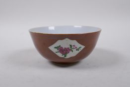 A Chinese lustre glazed porcelain rice bowl with decorative famille rose floral patterns, 12cm