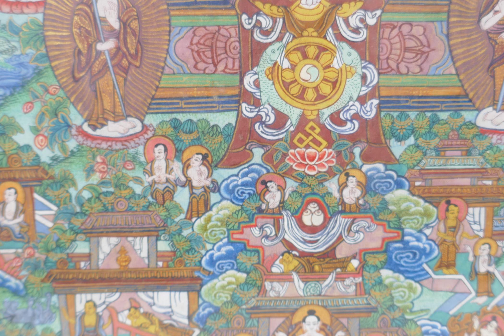 An Tibetan hand painted thanka with gilt highlights detailing many figures, 35cm x 49cm - Image 7 of 7