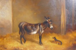 Thos. Whaite, stable interior with dog and donkey, signed Whaite, oil on canvas, 26 x 50cm
