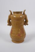 A Chinese Song style Ge ware vase with two handles, decorated with chased gilt inscriptions, mark to