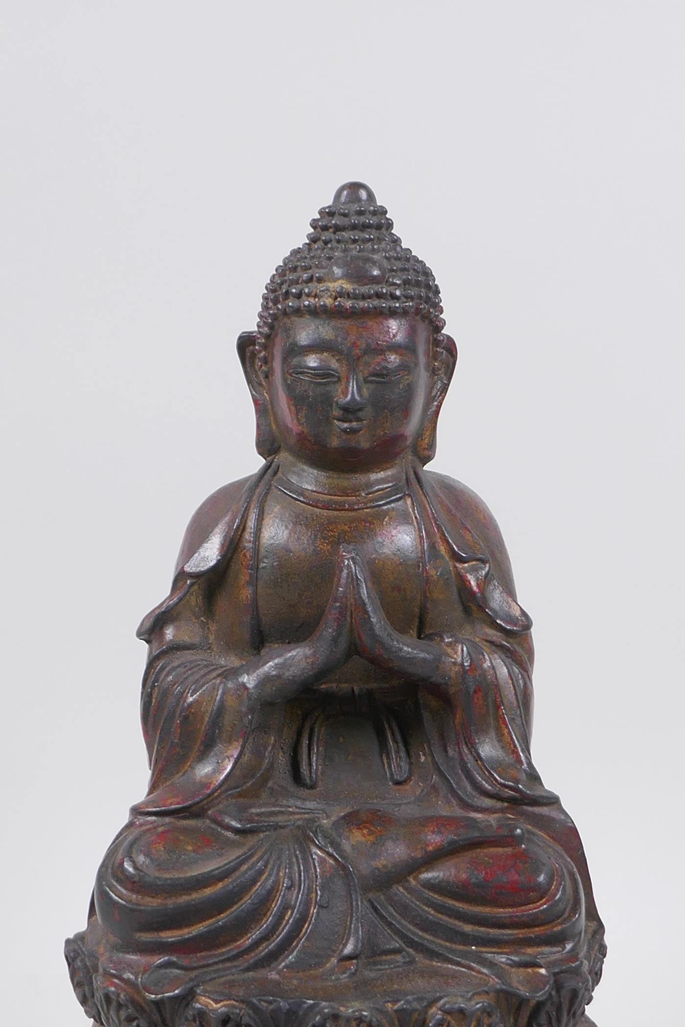 A Chinese bronze of buddha seated in meditation, with a character inscription to the reverse and the - Image 2 of 5