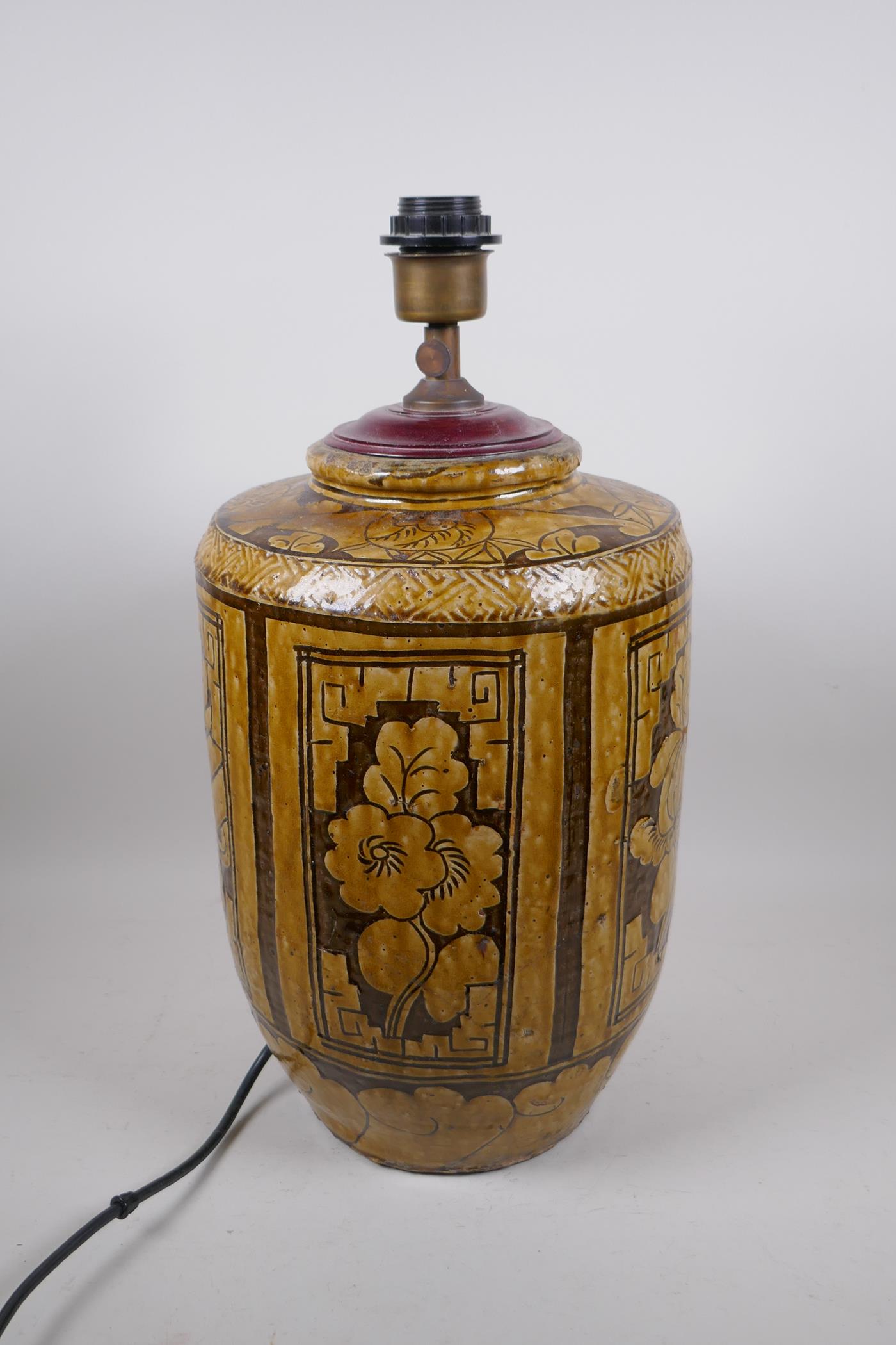 A C19th Chinese Cizhou kiln pottery jar, with decorative floral panels and bats, converted to a - Image 3 of 5