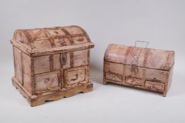 A metal strapped fruitwood chest with distressed paint finish, and a similar smaller chest,