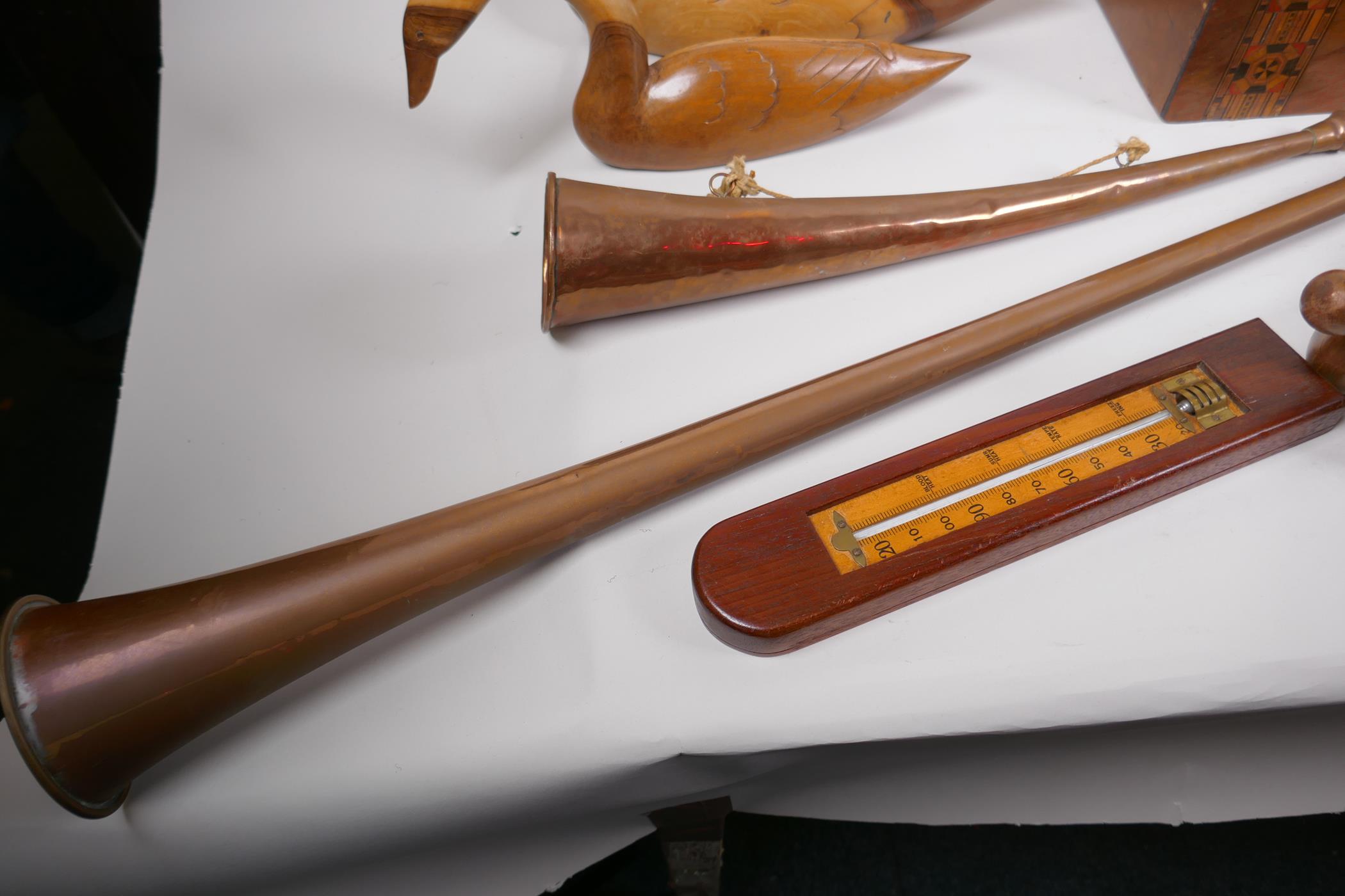 A mahogany solitaire board with marbles, a ship in a bottle, wooden thermometer, Tonbridgeware - Image 5 of 5