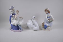 A Lladro Swan, a Nao figure group of a jester and dancer, and a Nadal figure of a flower girl,