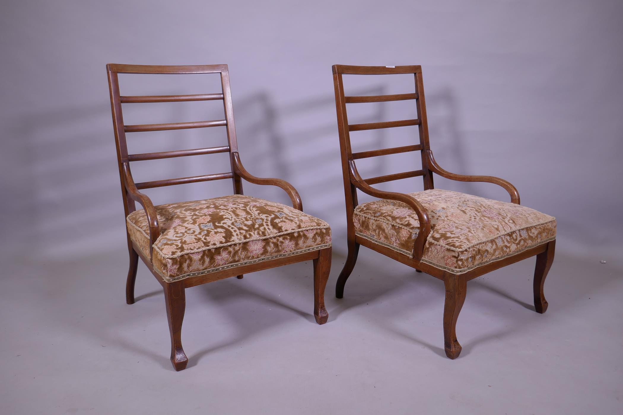 A pair of Edwardian inlaid walnut bedside/nursing chairs with ladder backs and open arms, raised - Image 2 of 3