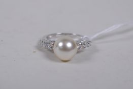 A 925 silver, cubic zirconia and freshwater pearl dress ring, size L